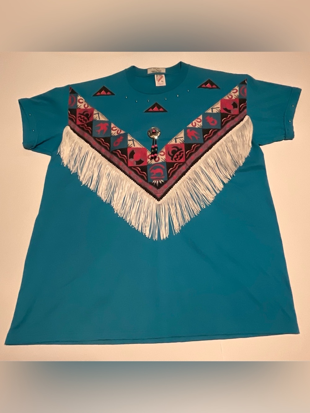 JERZEES Women's XL Blue Southwestern Geometric Fringe Beaded Short Sleeve Tee